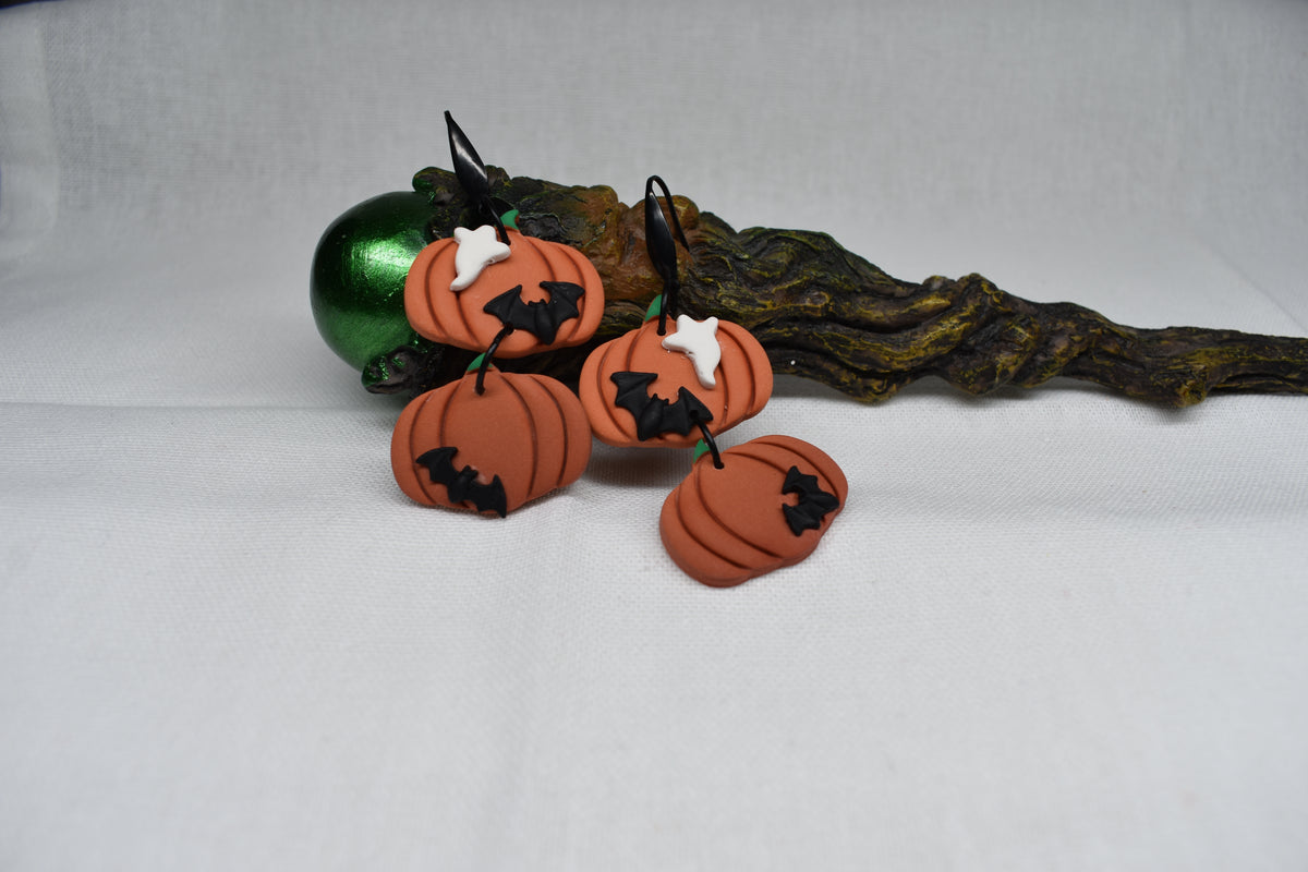 Double Ghost and Bat Pumpkin Earrings