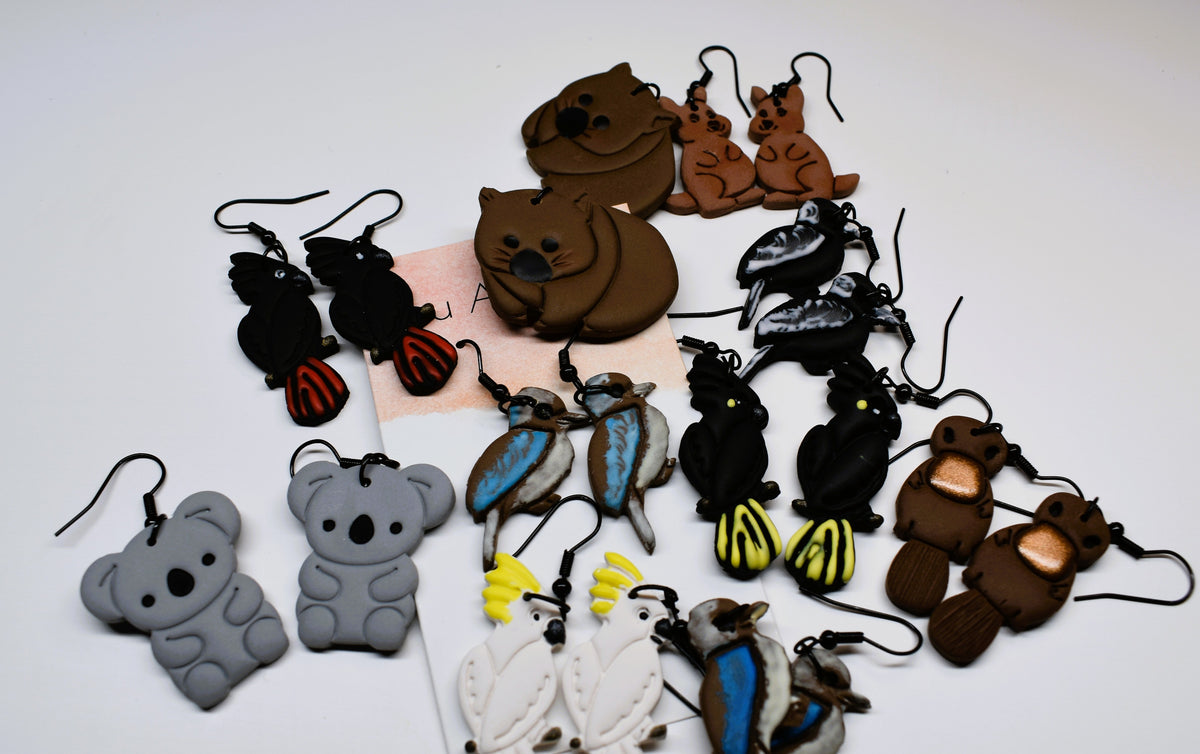Handmade Lou and Bell earrings featuring Australian animals: koala, cockatoo, kookaburra, magpie, kangaroo and platypus.