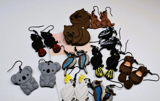 Handmade Lou and Bell earrings featuring Australian animals: koala, cockatoo, kookaburra, magpie, kangaroo and platypus.