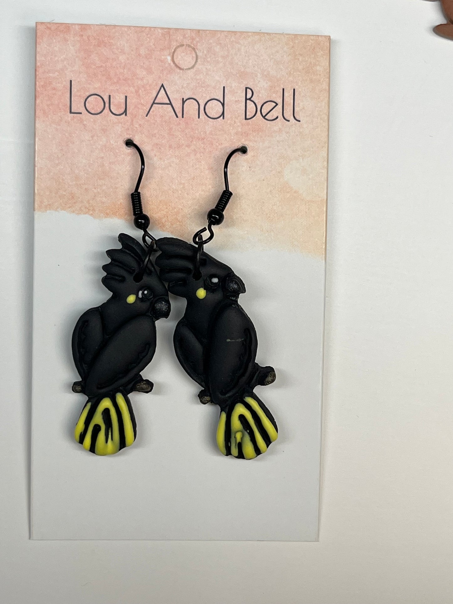 Black Cockatoo Earrings – Polymer Clay, Red or Yellow Tail