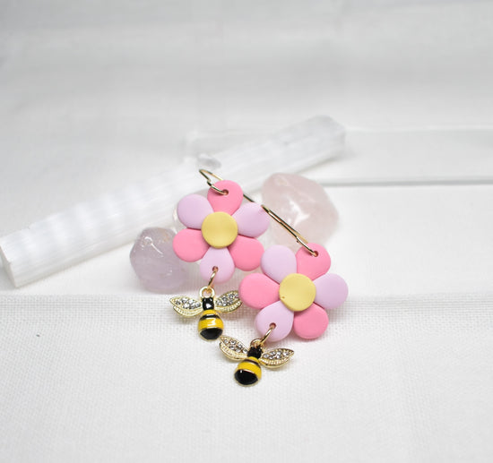 Pastel Daisy & Bee Drop Earrings