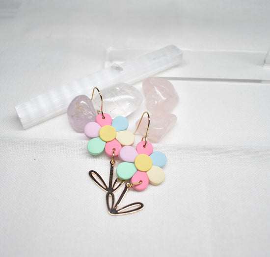 Pastel Daisy & Stem Drop Earrings