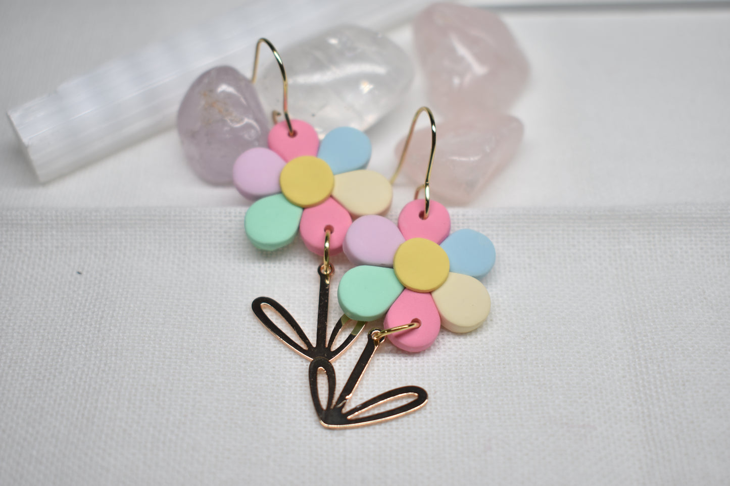 Pastel Daisy & Stem Drop Earrings