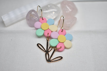 Pastel Daisy & Stem Drop Earrings