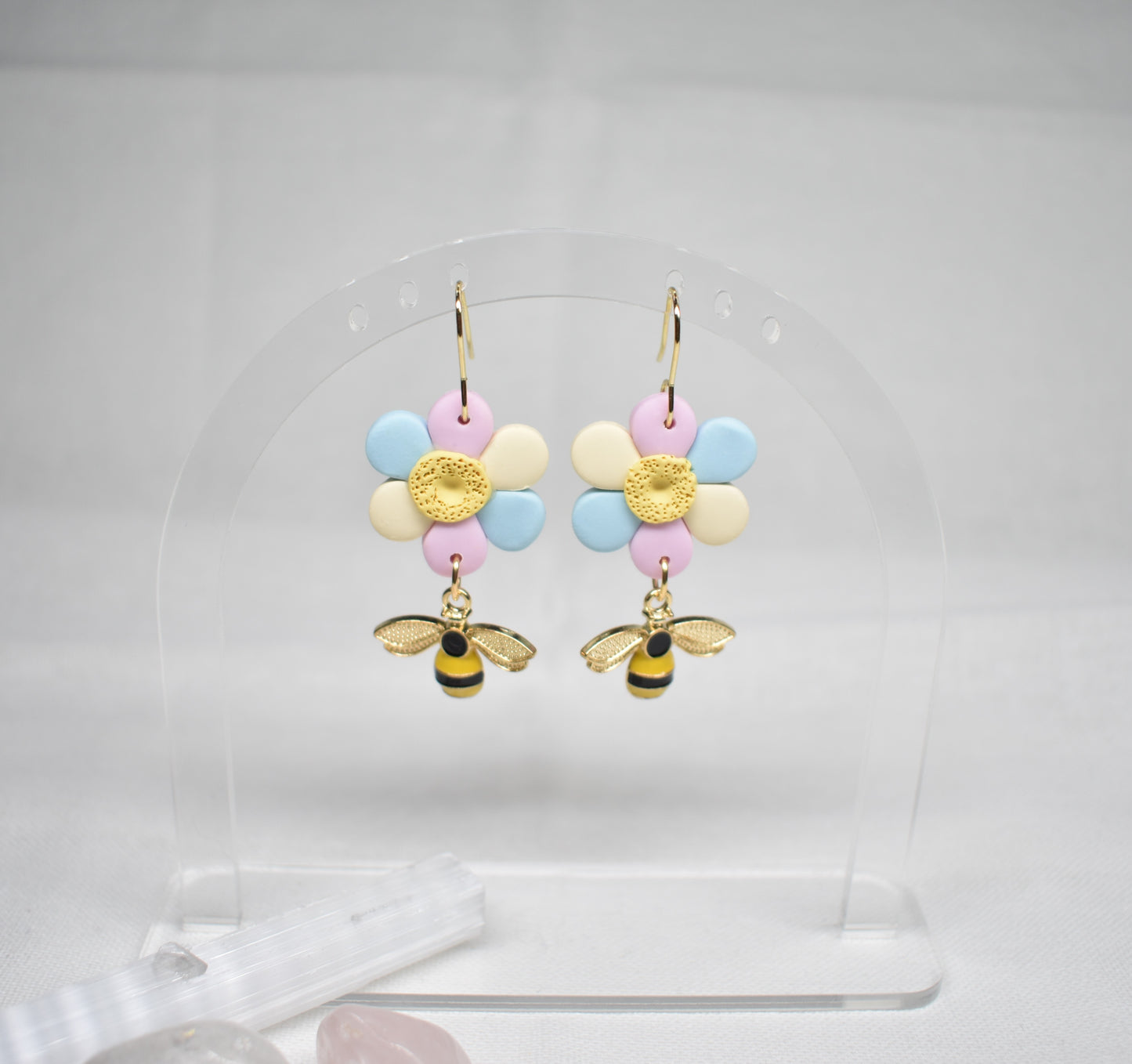 Pastel Daisy & Bee Drop Earrings