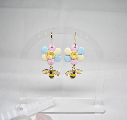 Pastel Daisy & Bee Drop Earrings