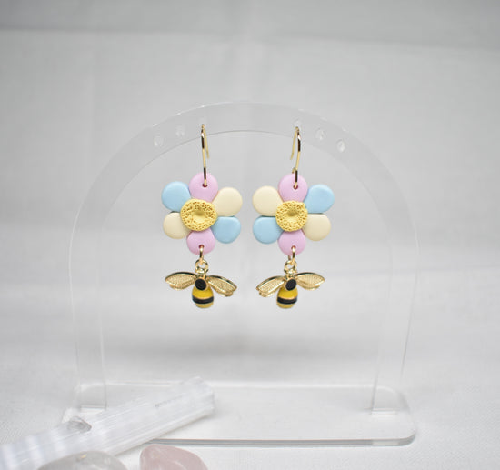 Pastel Daisy & Bee Drop Earrings