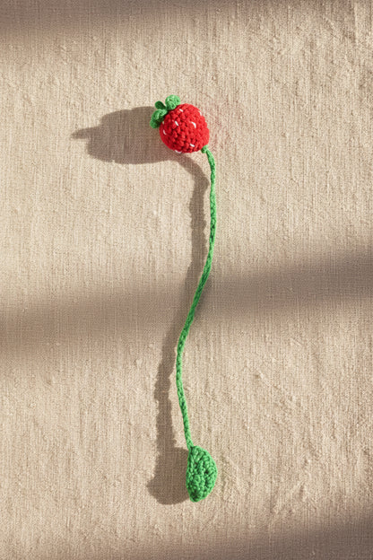 A handmade crochet toy designed like a strawberry, featuring a red body with green leafy stems and a long green tail, lying on a patch of grass outdoors.