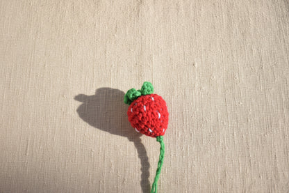 A small crocheted strawberry toy in red and green lies on grass outdoors.