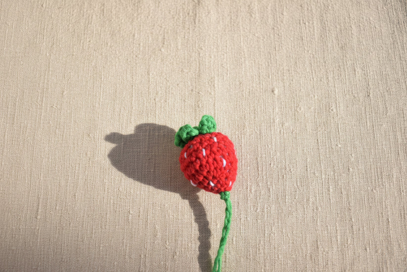 A small crocheted strawberry toy in red and green lies on grass outdoors.