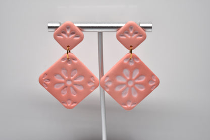 Coral Blossom - Floral Diamond Dangle Earrings