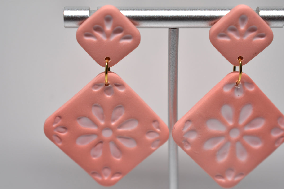 Coral Blossom - Floral Diamond Dangle Earrings