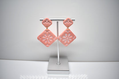 Coral Blossom - Floral Diamond Dangle Earrings