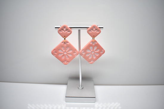 Coral Blossom - Floral Diamond Dangle Earrings