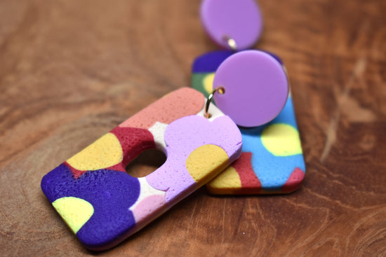 Purple Circle Floral Rectangle Earrings