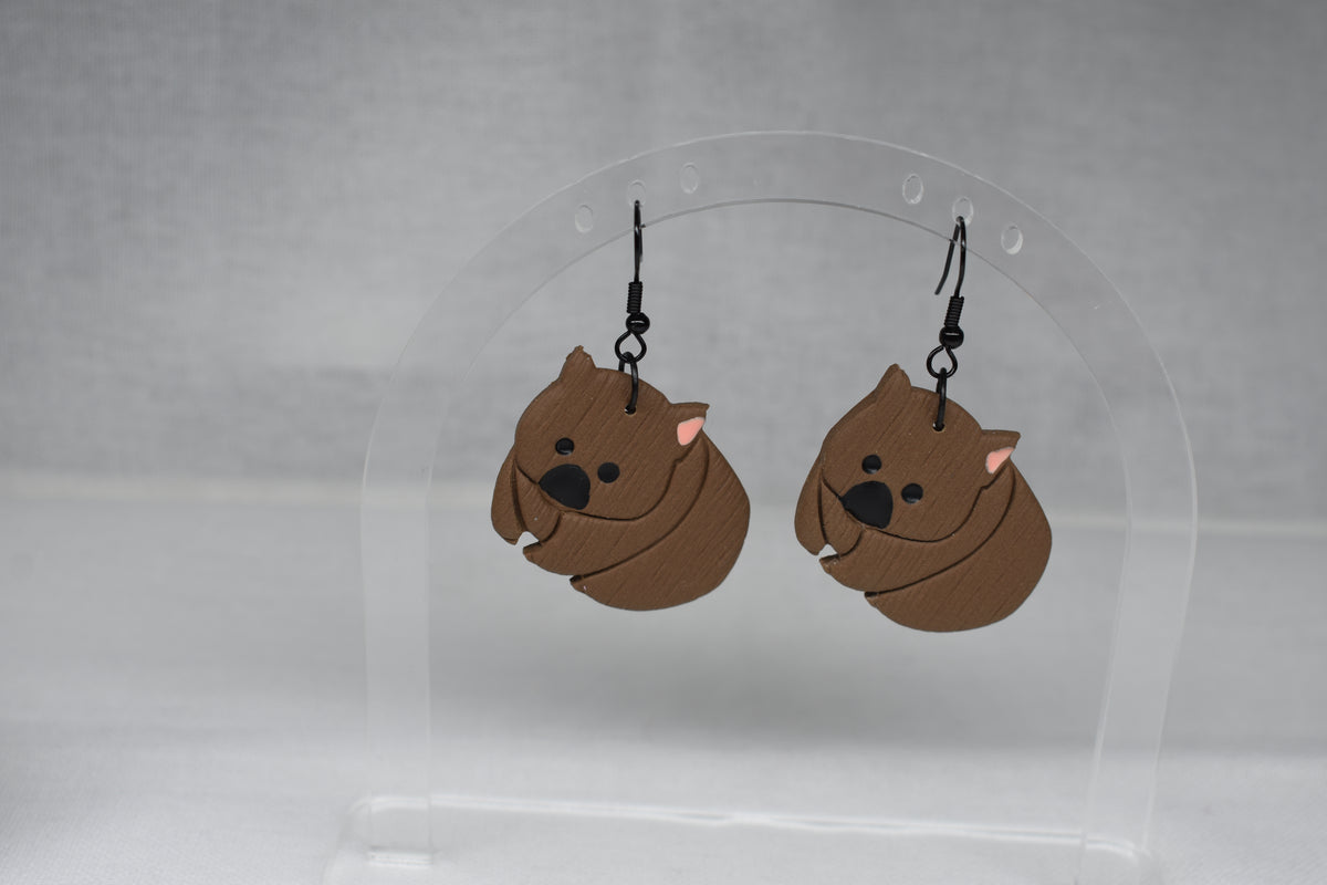 Wombat Dangle Earrings – Handmade Polymer Clay, Australian Wildlife Jewellery