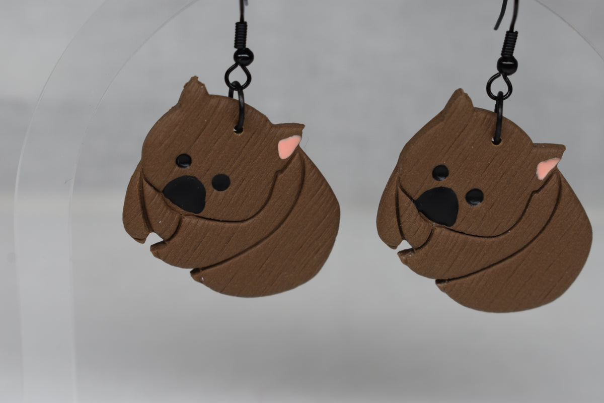 Wombat Dangle Earrings – Handmade Polymer Clay, Australian Wildlife Jewellery
