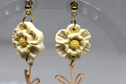 Cream Blossom & Gold Stem Drop Earrings