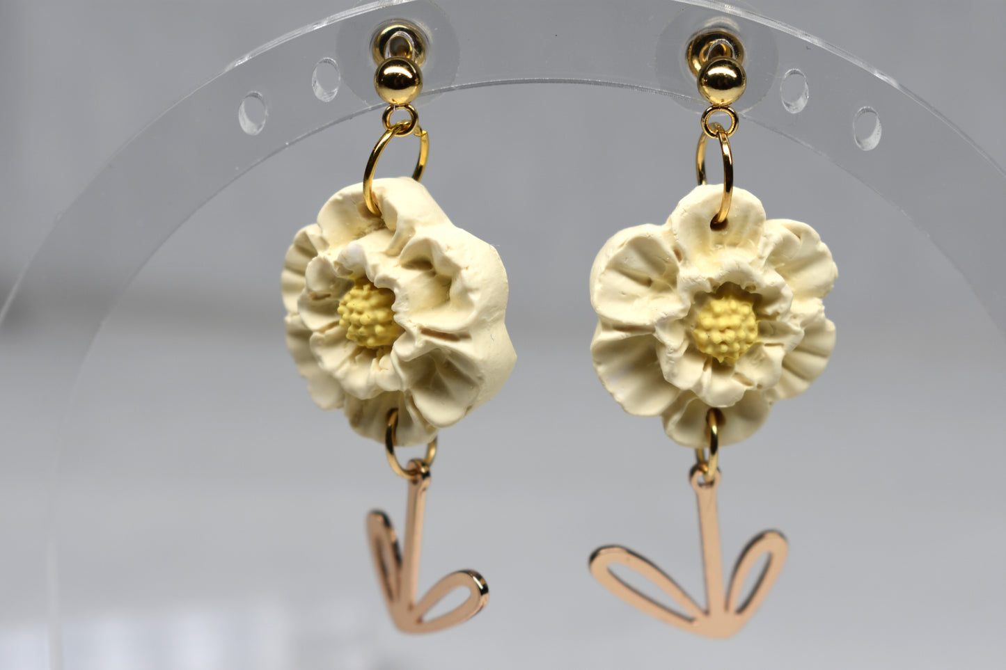 Cream Blossom & Gold Stem Drop Earrings