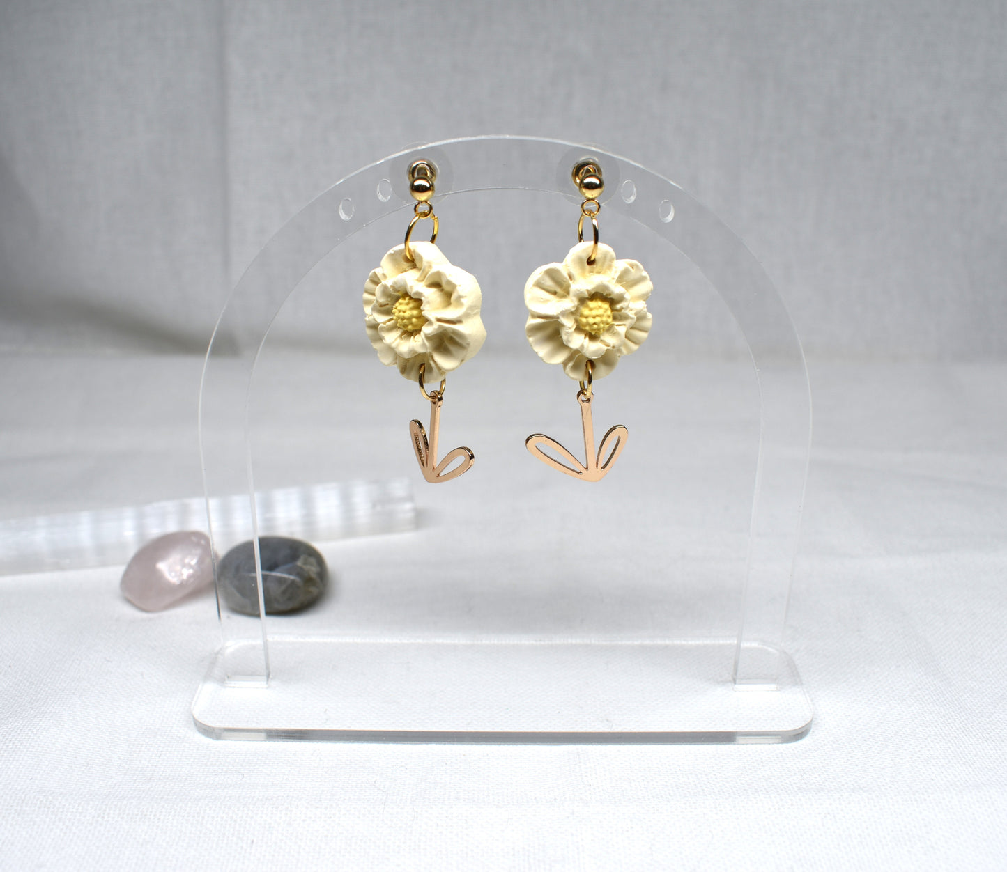 Cream Blossom & Gold Stem Drop Earrings