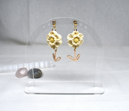 Cream Blossom & Gold Stem Drop Earrings