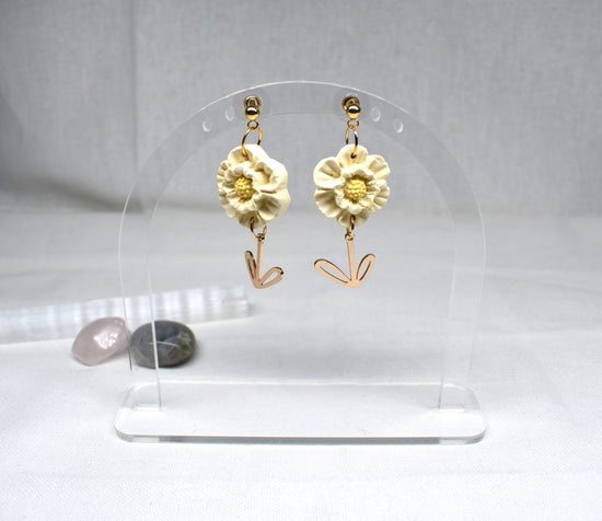Cream Blossom & Gold Stem Drop Earrings