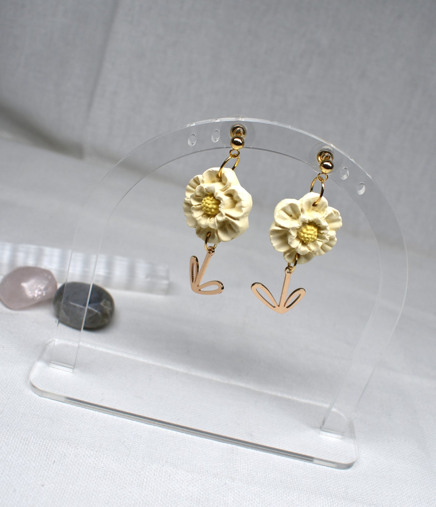 Cream Blossom & Gold Stem Drop Earrings