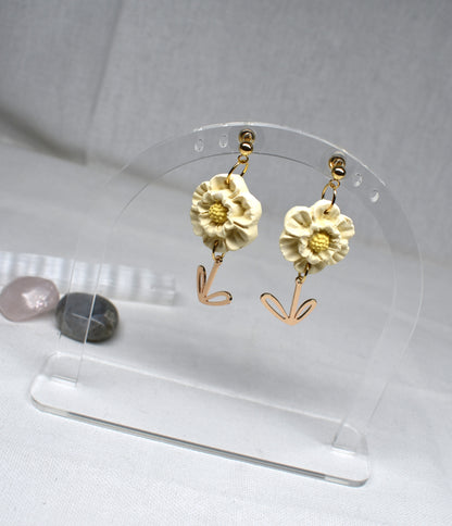 Cream Blossom & Gold Stem Drop Earrings