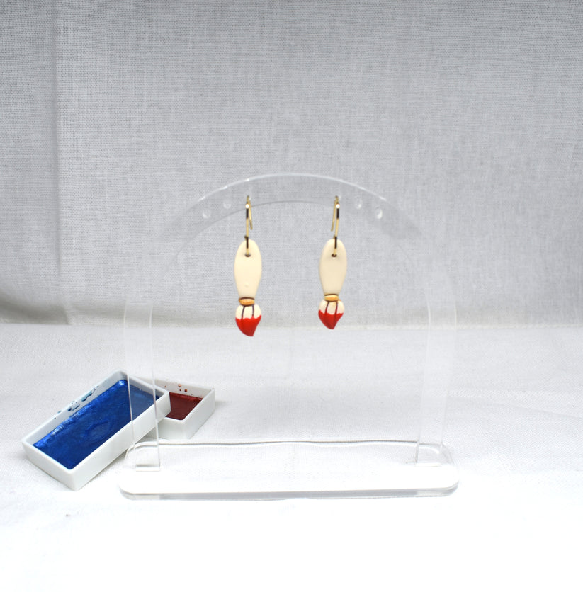 Handmade cream and red polymer clay fishing bobber earrings on gold hooks