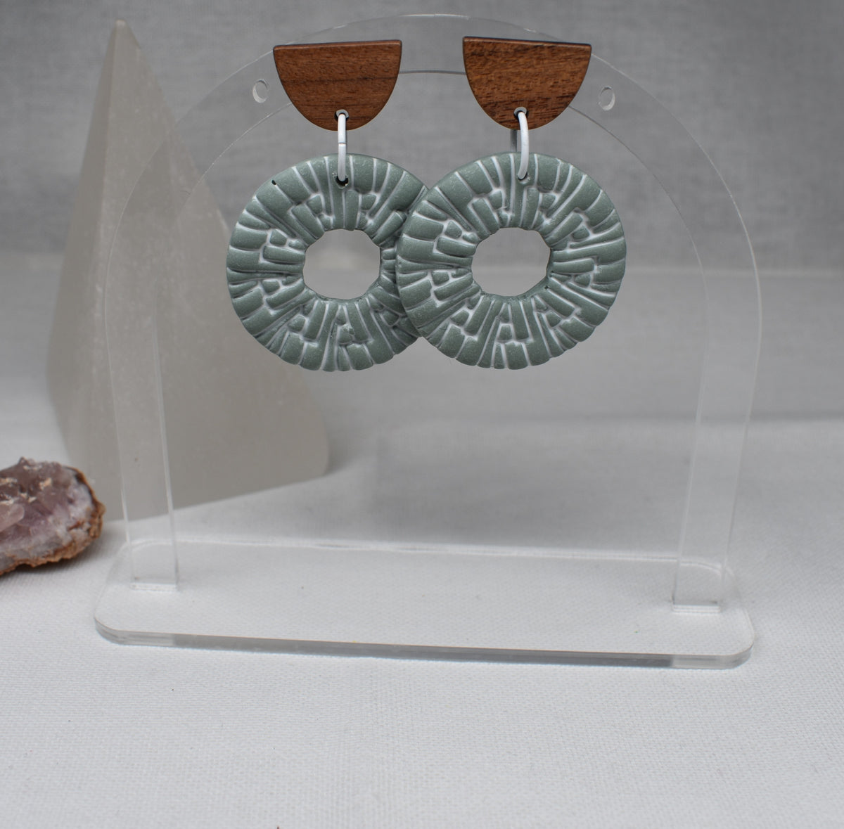 Sage Ripples - Textured Circle Dangle Earrings