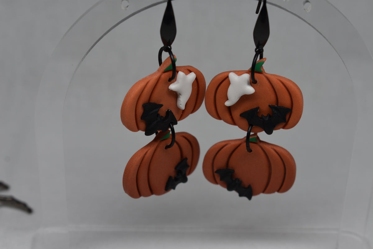 Double Ghost and Bat Pumpkin Earrings