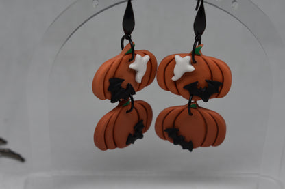 Double Ghost and Bat Pumpkin Earrings