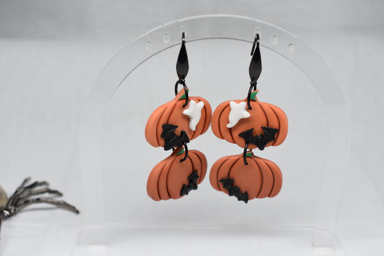 Double Ghost and Bat Pumpkin Earrings