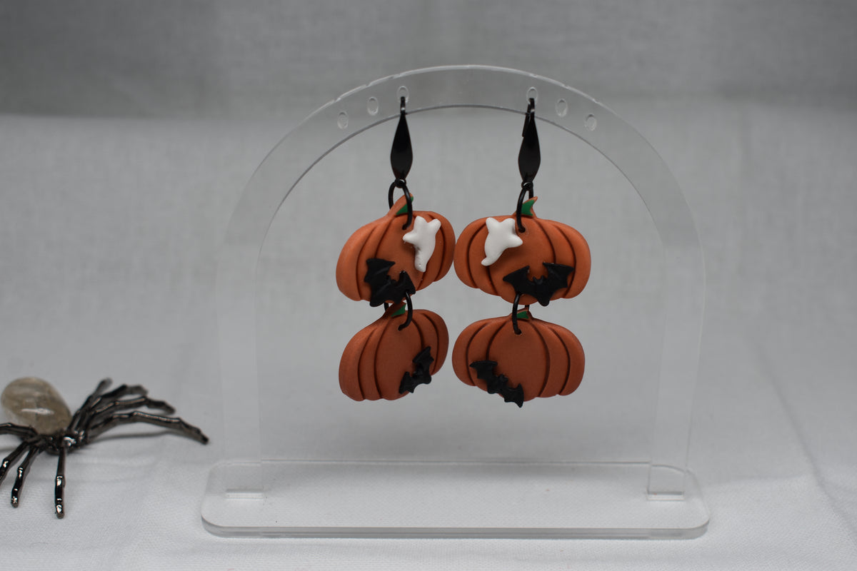 Double Ghost and Bat Pumpkin Earrings