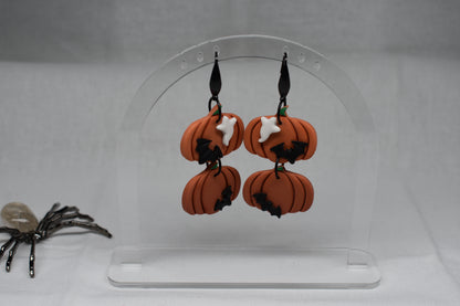 Double Ghost and Bat Pumpkin Earrings