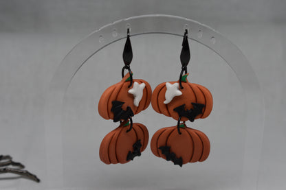 Double Ghost and Bat Pumpkin Earrings