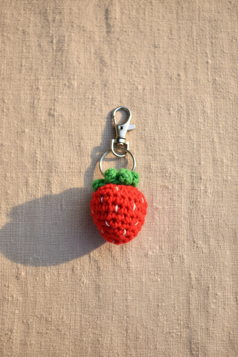A small crocheted strawberry keychain charm with a silver lobster clasp, resting on a textured beige linen surface.