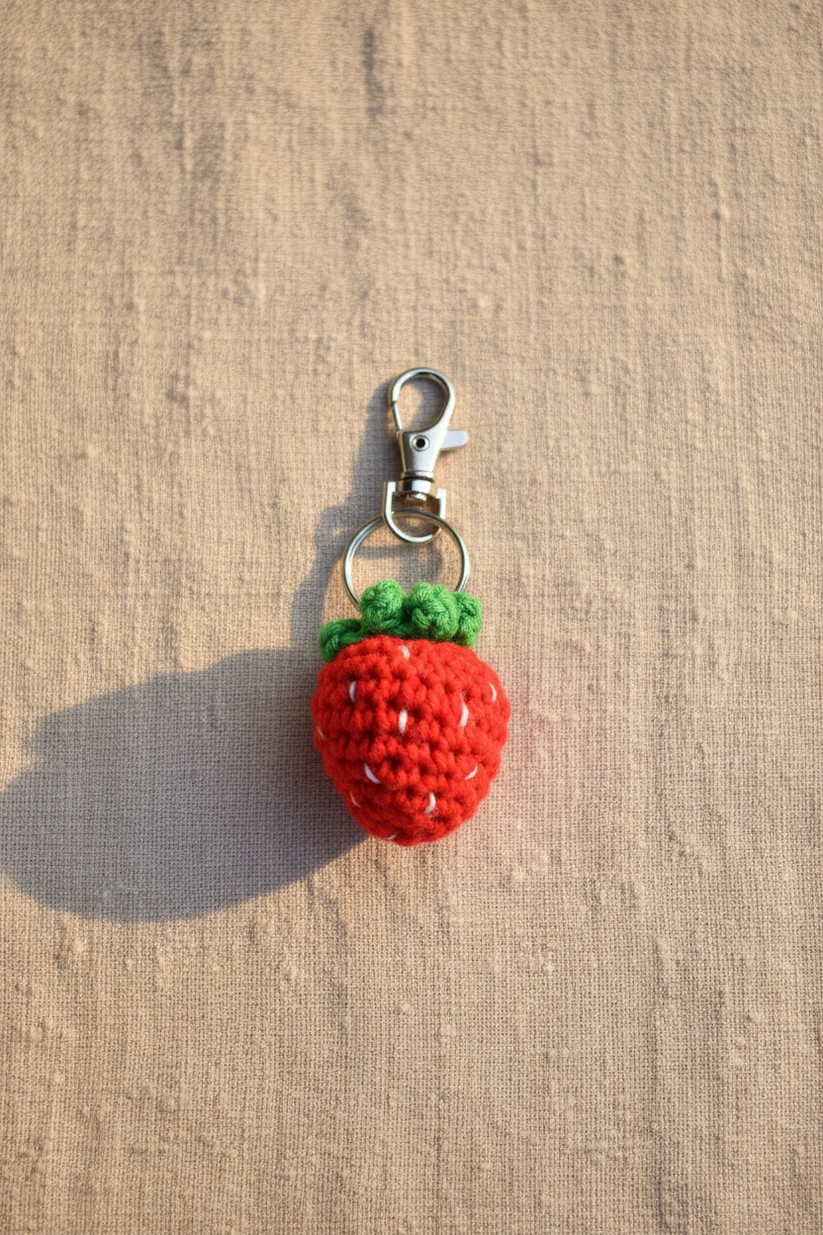 A small crocheted strawberry keychain charm with a silver lobster clasp, resting on a textured beige linen surface.