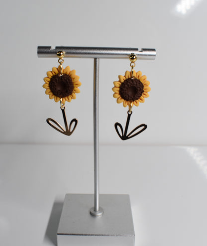 Medium Sunflower Earring with Stem Charm 