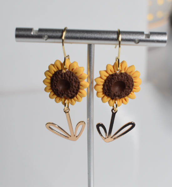 Medium Sunflower Earring with Stem Charm 