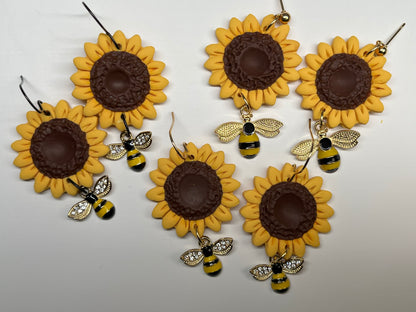 Large Sunflower Earring with Bee Charm 