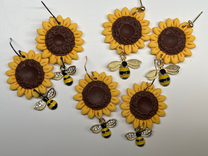 Large Sunflower Earring with Bee Charm 