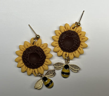 Large Sunflower Earring with Bee Charm 