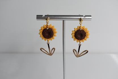 Medium Sunflower Earring with Stem Charm 